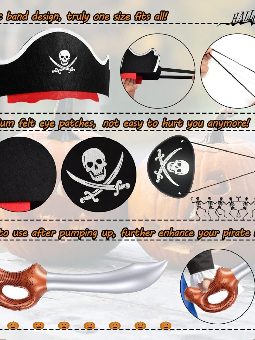 18 Pcs Pirate Party Accessories for Kids, 6 Hats 6 Patches 6 Swords - Picture 4 of 7